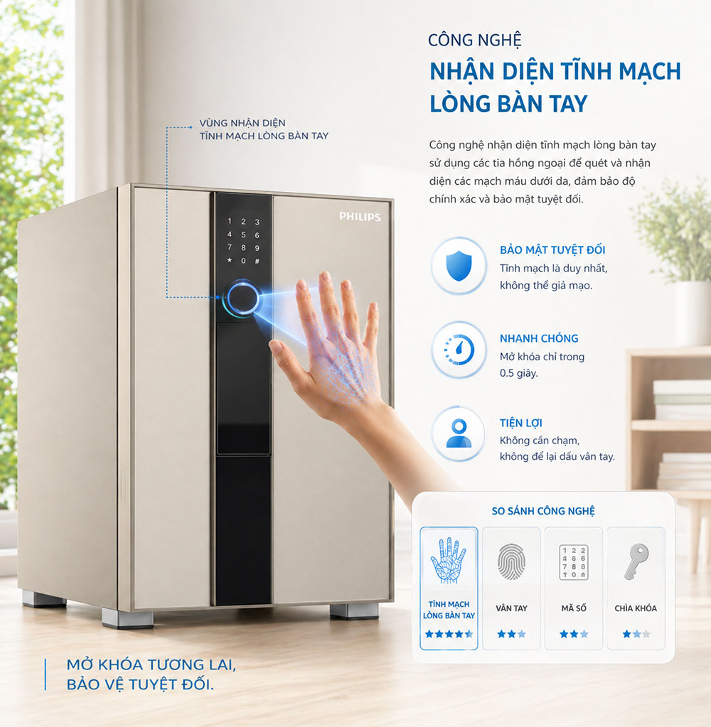 Két sắt Philips Valis 5BU sử dụng phương thức mở khóa tĩnh mạch lòng bàn tay.