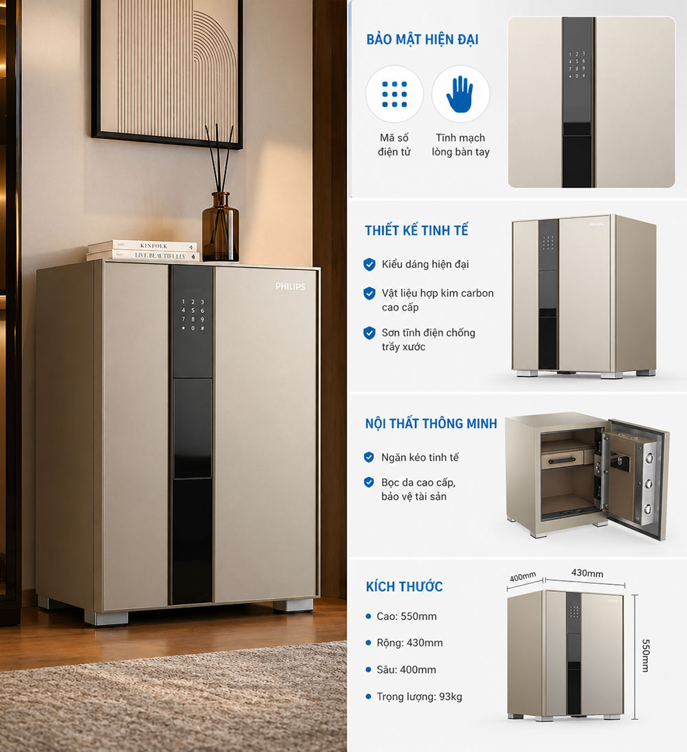 Thông số kỹ thuật két sắt Philips Valis 5BU trọng lượng 93kg.