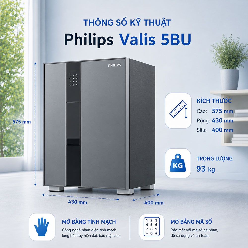 Thông số kỹ thuật két sắt Philips Valis-5BU phiên bản 93kg màu xám.