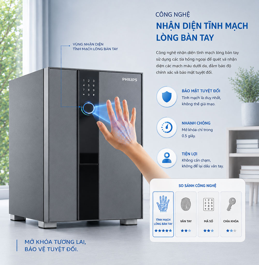 Công nghệ mở khóa bằng tĩnh mạch lòng bàn tay trên két sắt Valis-5BU màu xám